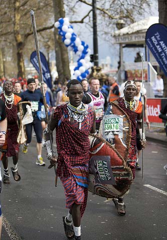 African warriors running marathon
