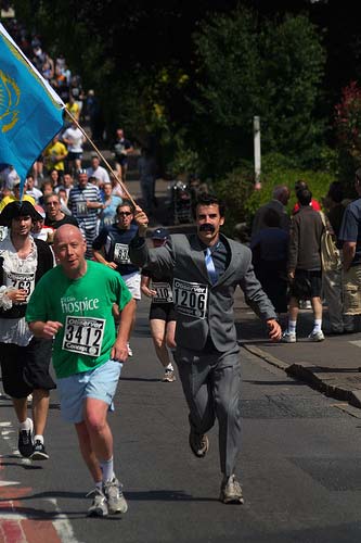 Borat runs in a marathon